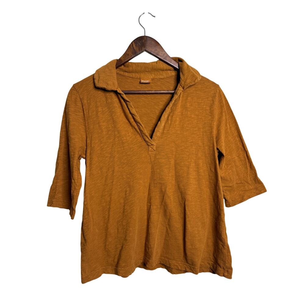Toast 100% Cotton Slub Top size S Jersey Collared V Neck Ochre Brown Portugal